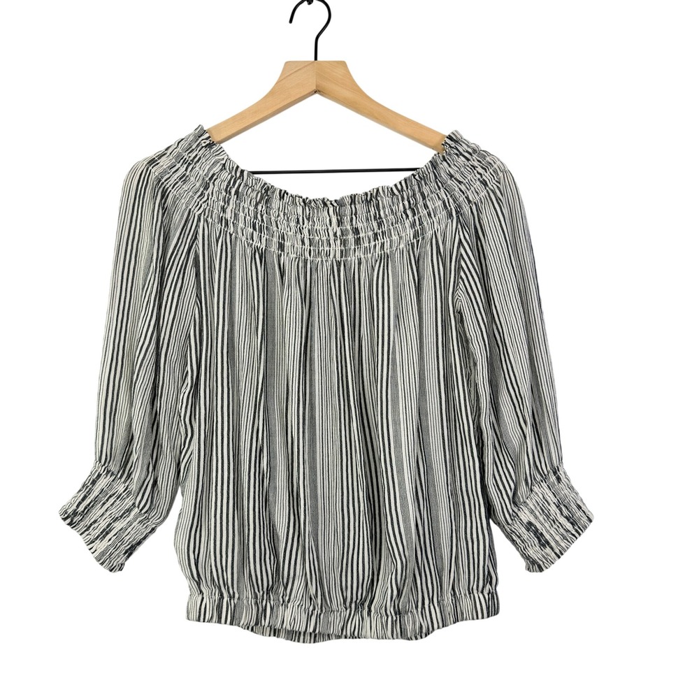 Evereve Womens Small Off The Shoulder Smocked Striped Blouse Black White Top